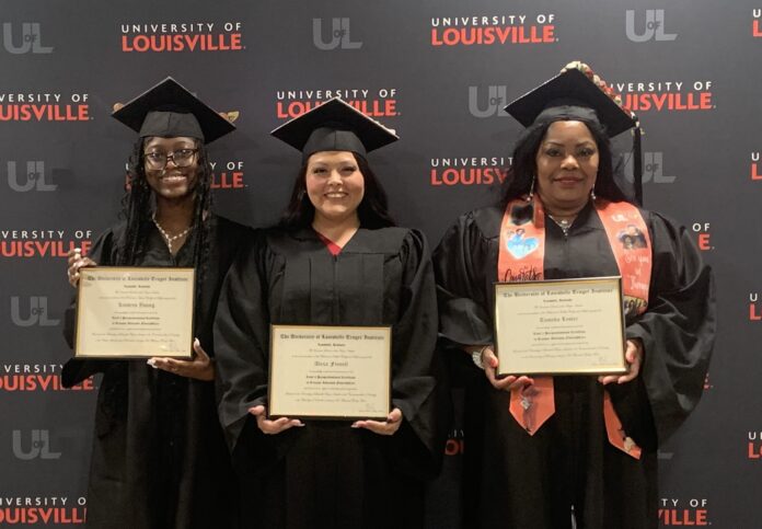 Trager Apprenticeship Graduation Kendrea Young, left, with Alexa Finnell and Tameka Lester, part of the inaugural cohort of apprentices from the Trauma-Informed FlourishCare™ Paraprofessional Program, an innovative 18-month program designed to equip participants for careers in behavioral health.