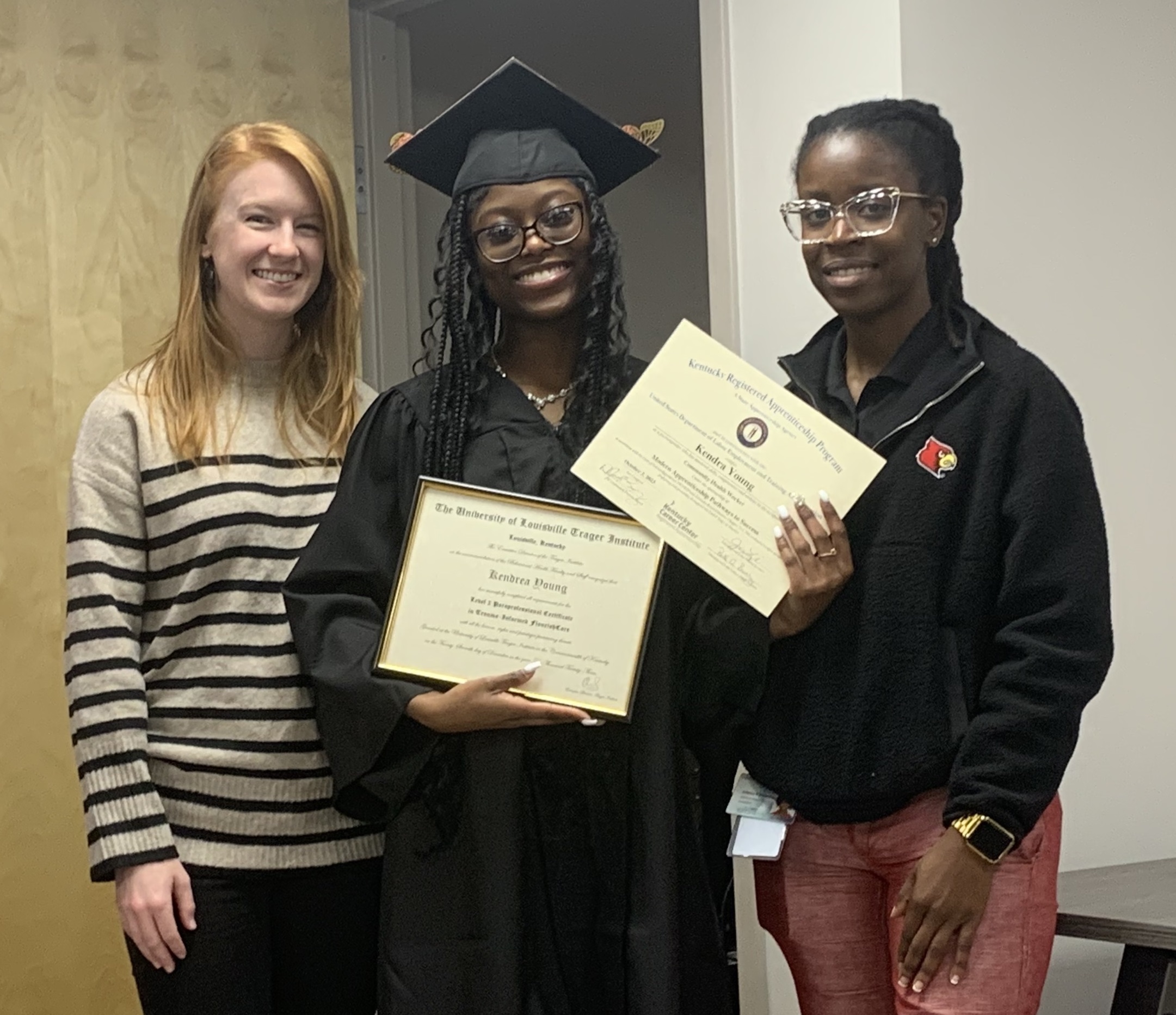 Kendrea Young, left, with Alexa Finnell and Tameka Lester, part of the inaugural cohort of apprentices from the Trauma-Informed FlourishCare™ Paraprofessional Program, an innovative 18-month program designed to equip participants for careers in behavioral health.