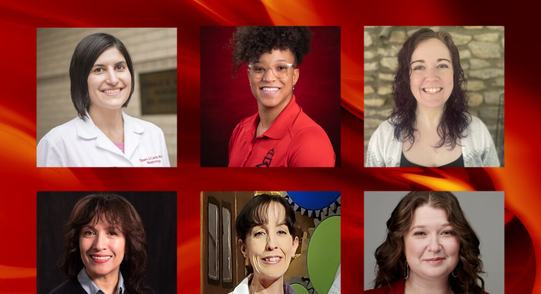 UofL celebrates Women's History Month 2024 by highlighting a few women at UofL who are pillars in STEM. Pictured: Top row L to R: Dawn Caster, Hunter Hayden and Christine Burgan. Bottom row L to R: Olfa Nasraoui, Gretel Monreal and Cheri Levinson