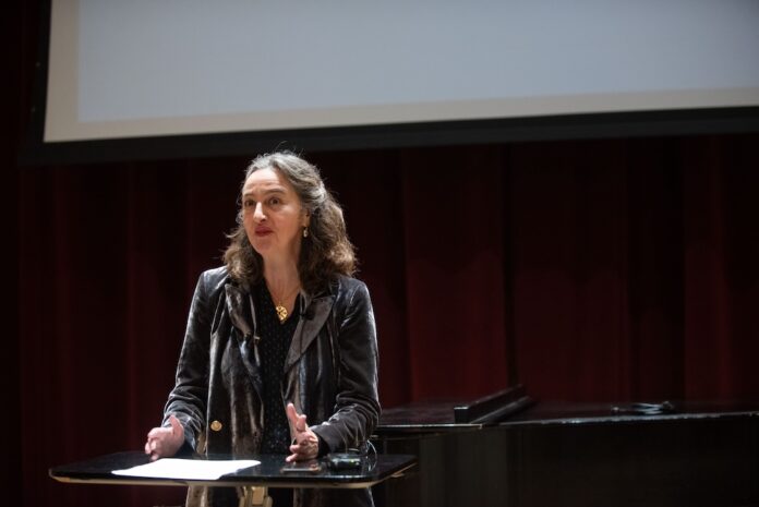 Aleksandra Vrebalov, the 2024 Grawemeyer Award winner in Music Composition, spoke at the School of Music on April 11.