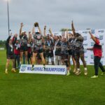 Rugby players celebrating their victory. on the field.