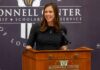 Katie Britt speaks at a podium in the McConnell Center.