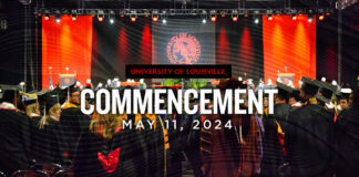 UofL Commencement ceremony with text stating Commencement, May 11, 2024.