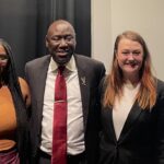 Jasmyne Moore and Maggie Fagala receive fellowship awards at the 2023 Breonna Taylor Lecture on Structural Inequity. Pictured are Jasmyne Moore, civil rights attorney Ben Crump, Maggie Fagala and Melanie Jacobs, dean of Brandeis Law School.