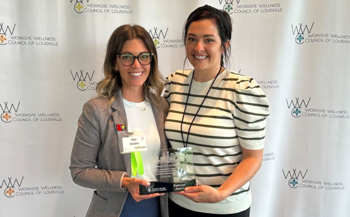 Tamara Iacono, wellness coordinator for UofL’s Get Healthy Now program, and Kristina Doan, associate director of communications and marketing in UofL's Office of Human Resources, at the Worksite Wellness Council of Louisville's Worksite Wellness Award reception May 14.