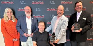 UofL's Kosair for Kids Center for Pediatric NeuroRecovery presented awards to community organizations in May. Left to right: Susan Harkema, Hal Hedley, Todd Crawford, Keith Inman and Chris Williams. UofL photo.