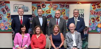 Kentucky state educational leaders announced the Kentucky Reading Research Center to be led by UofL’s College of Education and Human Development. Left to right, top row: Incoming Commissioner of Education Robbie Fletcher, Sen. Stephen West, Rep. James Tipton and Bourbon County Superintendent Larry Begley. Left to right, front row: KDE Chief Academic Officer Micki Ray, Interim Commissioner of Education Robin Fields Kinney, Kentucky Reading Research Center Director and CEHD Interim Dean Amy Lingo and UofL Provost Gerry Bradley. Photo by Crystal Sicard, Kentucky Department of Education.