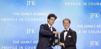 Jack Schlossberg, President John F. Kennedy's grandson, presented the JFK Profile in Courage Award to UofL alumnus Michael Adams. (Photo Credit: Michael Blanchard/JFK Library Foundation).
