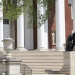 A 1903 cast of “The Thinker” by Auguste Rodin has been a campus landmark at the University of Louisville since 1949. (UofL Photo)