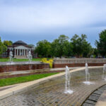 campus entrance with fountains
