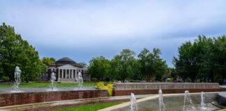 campus entrance with fountains