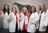 Staff and faculty from the School of Nursing pose in front of a horse statue at the Kentucky Racing Health Services Clinic.
