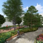 Illustration of walkways and plantings for LOUMED Commons
