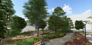 Illustration of walkways and plantings for LOUMED Commons
