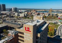 an overhead view of UofL's HSC Campus with the Louisville skyline in the backgroun