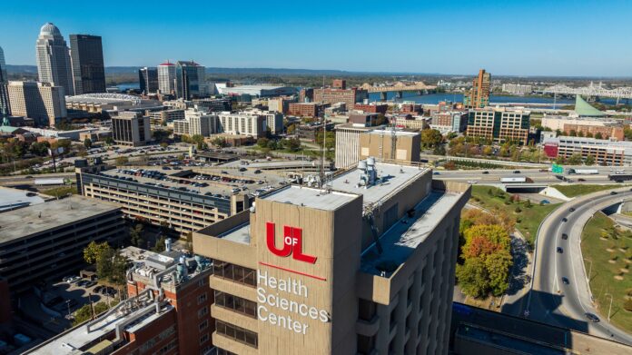 UofL_HSC an overhead view of UofL's HSC Campus with the Louisville skyline in the backgroun