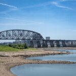 Banks of a river with a railroad bridge and Louisville skyline in the background