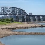 Banks of a river with a railroad bridge and Louisville skyline in the background