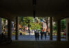 Students walk across campus