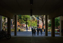 Students walk across campus