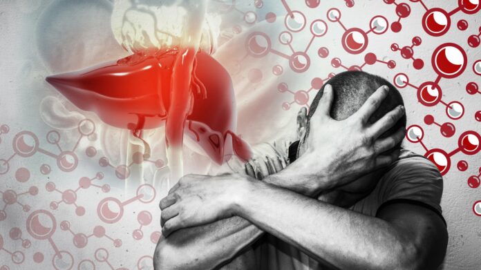 Man with head down and liver in background