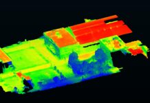 Overhead view of city blocks in blue, red and green shades to show temperature