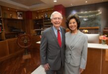 Senator Mitch McConnell and Secretary Elaine L. Chao in the study of the McConnell Chao Archives.