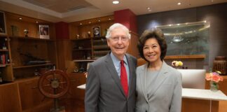 Senator Mitch McConnell and Secretary Elaine L. Chao in the study of the McConnell Chao Archives.