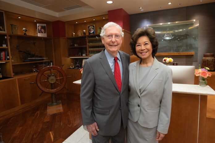 McConnell & Chao_0110_edited Senator Mitch McConnell and Secretary Elaine L. Chao in the study of the McConnell Chao Archives.