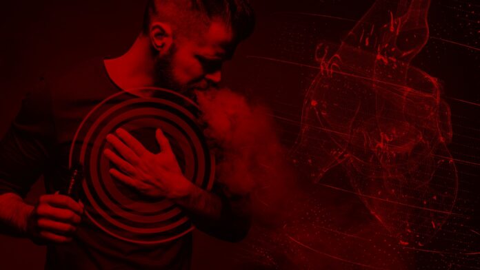 Illustration of man clutching his chest next to a graphic of a human heart.