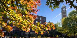 Students walking across campus in the fall.