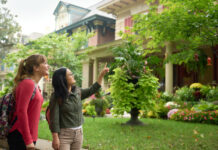 Students pointing at architecture of homes in Old Louisville.