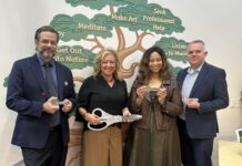 UofL Envirome Institute partners to expand youth mental health education Two men and two women with oversized scissors and ceremonial keys standing in front of a wall mural of a tree with mental health tips