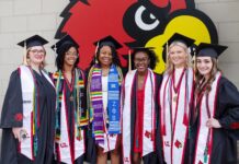UofL graduates in commencement regalia.
