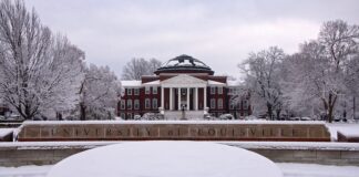 UofL Trustees approve affiliation with UofL Health, Clubhouse Apartment renovations Grawemeyer Hall in the snow.