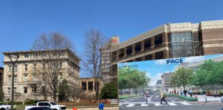 Conceptual rendering with street and buildings behind it