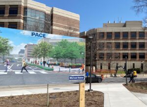 Architectural streetscape rednering with buildings and construction equipment in background.