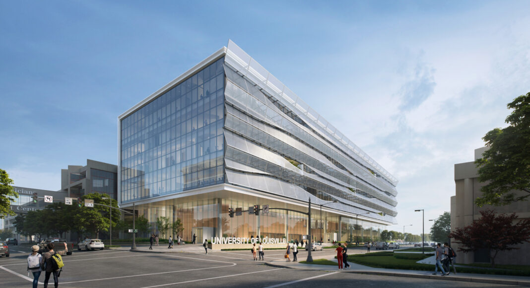 Rendering of six-story building with glass side and wavy scrim on front facing wall.