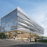 Rendering of six-story building with glass side and wavy scrim on front facing wall.