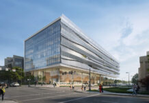 Rendering of six-story building with glass side and wavy scrim on front facing wall.