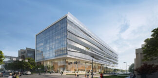 Rendering of six-story building with glass side and wavy scrim on front facing wall.