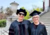 Mother and daugther, Susan and Ramie, smile in the UofL caps and gowns on campus