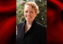 Woman in black jacket set within a red template frame