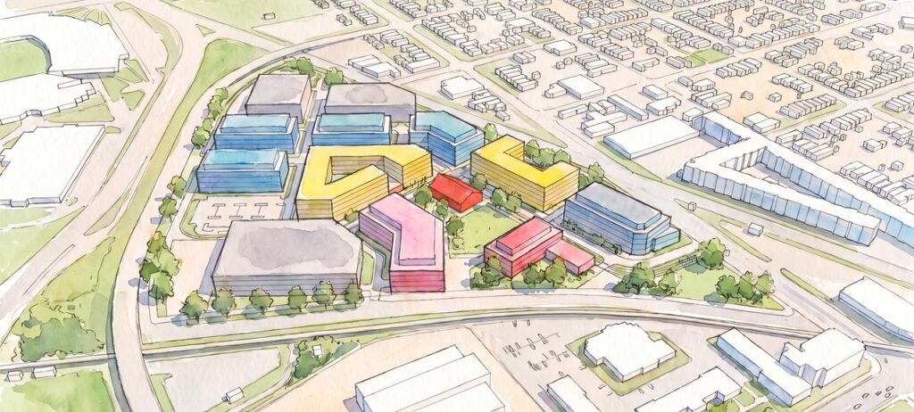 watercolor-style drawing showing multiple buildings on a map