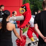 Louie the Cardinal bird mascot helps push items in a large bin into a residence hall.