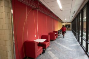 A UofL student walks through the newly renovated Bingham Humanities Building as it reopens for the fall semester.