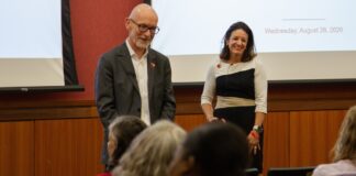 President Bradley and Provost Cardarelli talk with the audience at the Aug. 26 Town Hall.