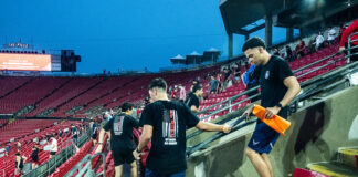 Members of the ROTC take part in annual stair climb at the football stadium.